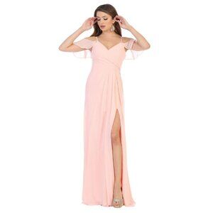 Blush Bridesmaids Long V-Neckline Cold Shoulder A-Line Dress By May Queen MQ1732